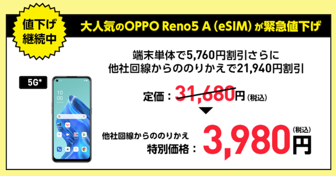 ワイモバイルのOPPO Reno5 A (eSIM)のキャンペーン