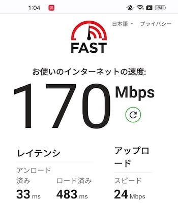 ドコモのhome5Gの速度(Fast.com)