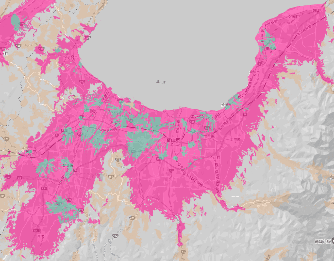 楽天モバイルの富山県の電波エリア