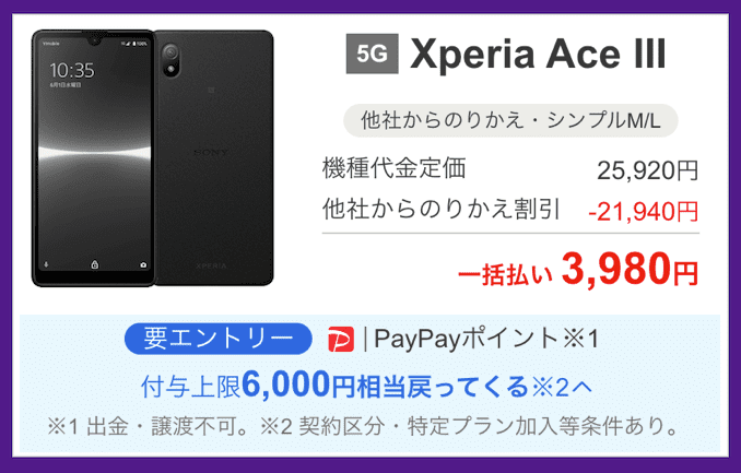 ワイモバイルのXperia Ace IIIのキャンペーン価格