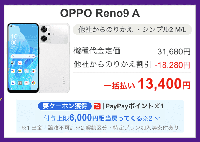 ワイモバイルのOPPO Reno9 Aのキャンペーン価格