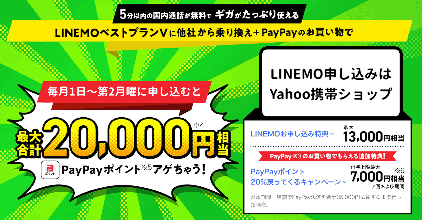 Yahoo携帯ショップのLINEMOベストプランVのキャンペーンの詳細