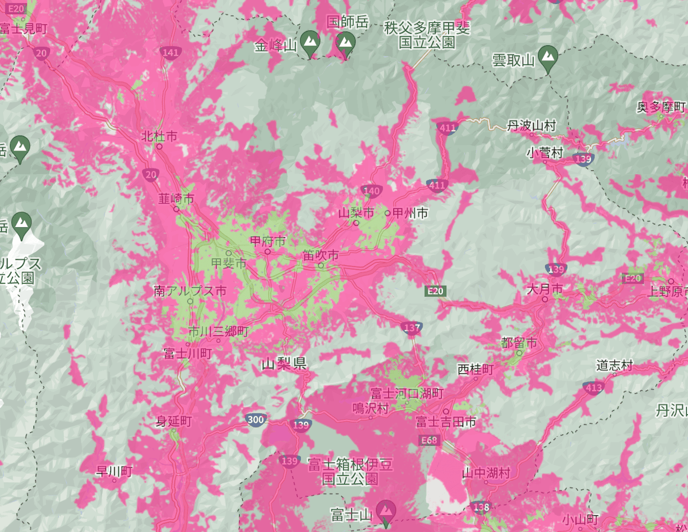 楽天モバイルの山梨県の電波エリア