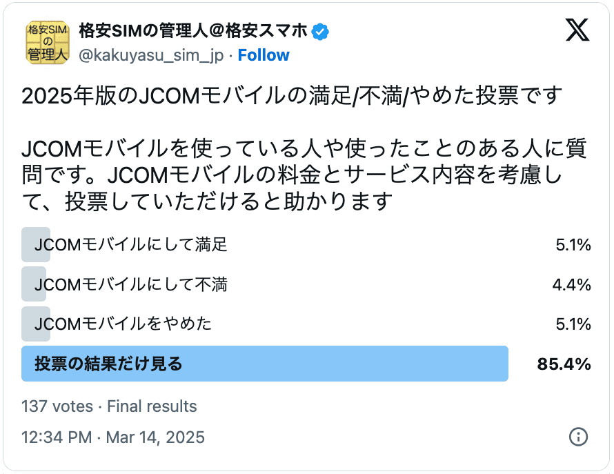 JCOMモバイルの2025年の評判結果