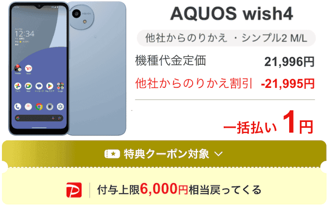 ワイモバイルのAQUOS wish4のキャンペーン価格