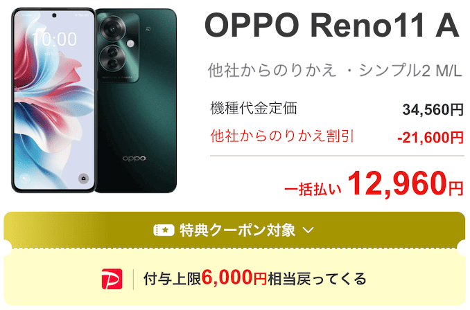 ワイモバイルのOPPO Reno11 Aのキャンペーン価格