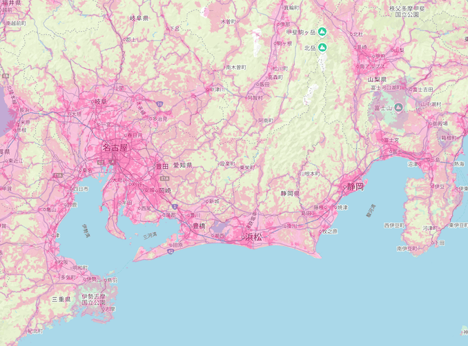 楽天回線エリア(愛知、静岡、岐阜、三重、山梨)