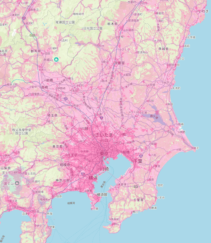 楽天回線エリア(東京、埼玉、神奈川、千葉、茨城、栃木、群馬)