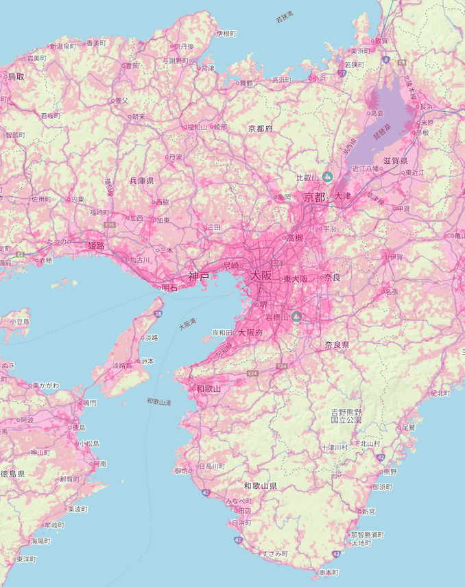 楽天回線エリア(大阪、京都、奈良、神戸、滋賀、和歌山)