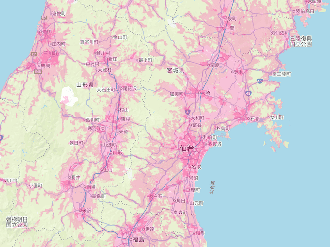 楽天回線エリア(宮城と山形)