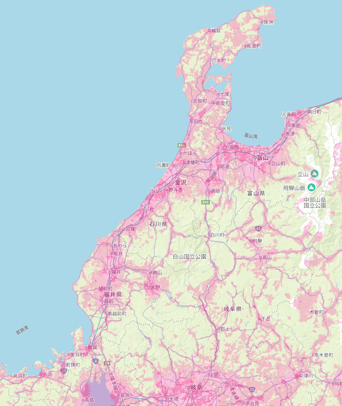 楽天回線エリア(富山、金沢、石川、福井)