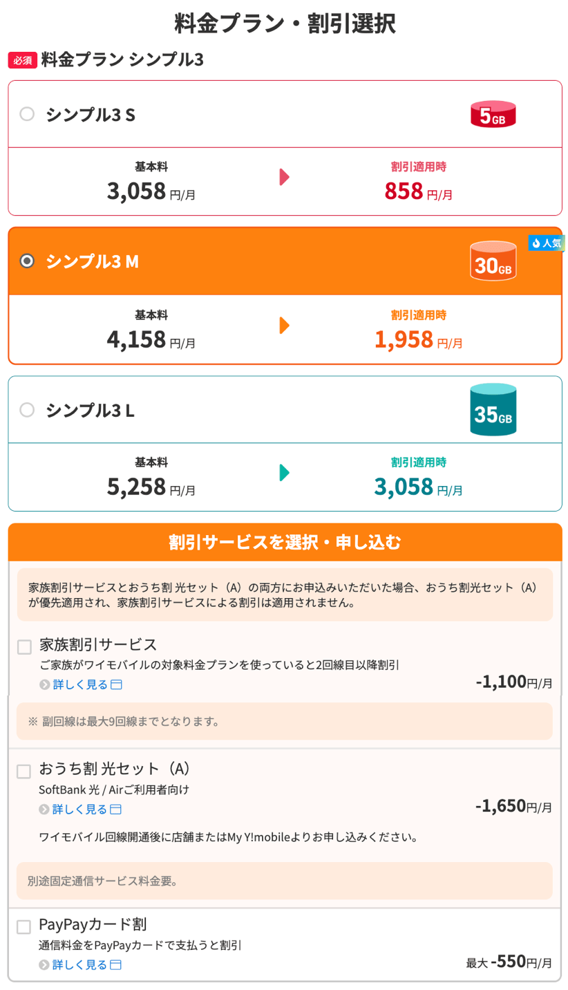 ワイモバイルのプラン選択