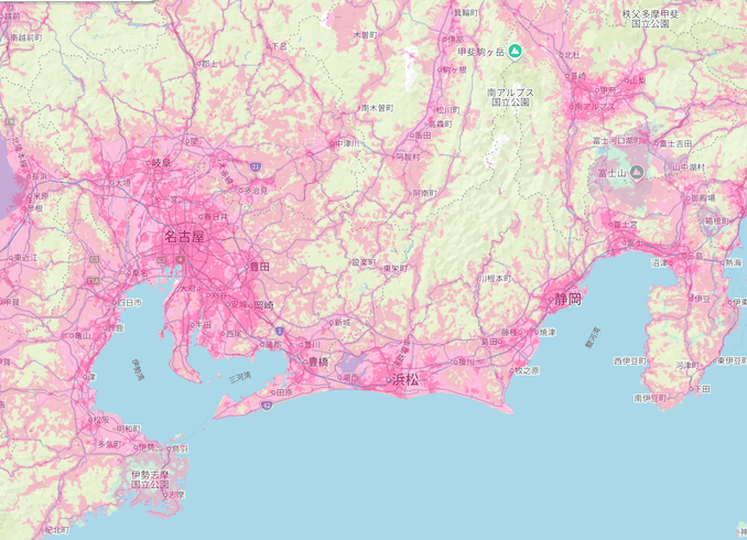 楽天回線エリア(愛知、静岡、岐阜、三重、山梨)
