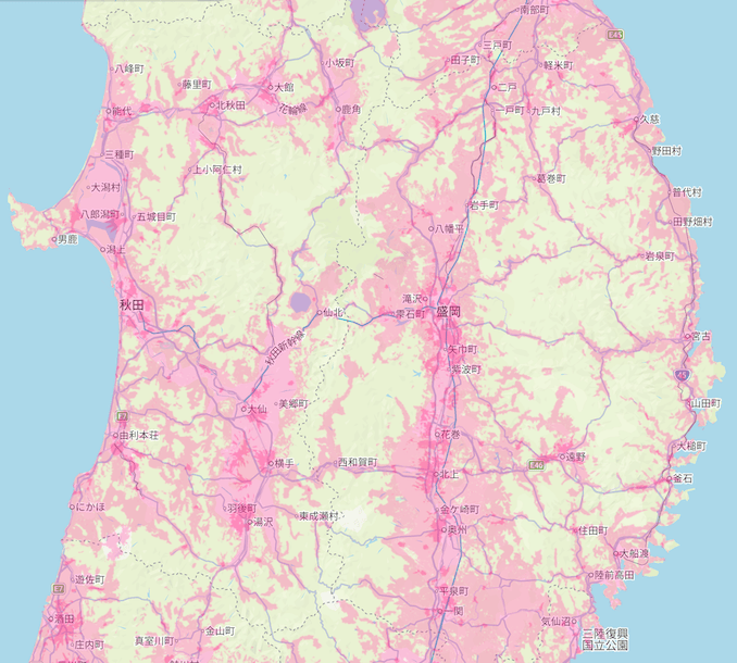 楽天回線エリア(岩手と秋田)