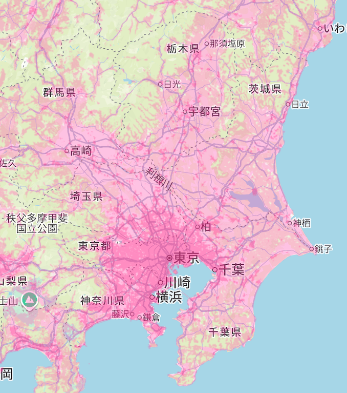 楽天回線エリア(東京、埼玉、神奈川、千葉、茨城、栃木、群馬)