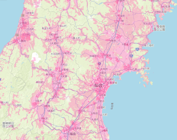 楽天回線エリア(宮城と山形)