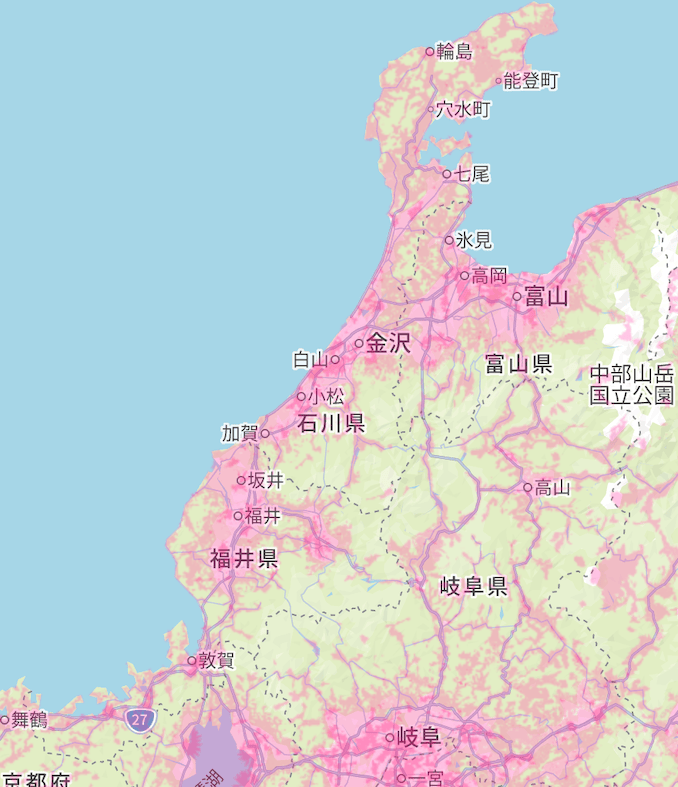 楽天回線エリア(富山、金沢、石川、福井)