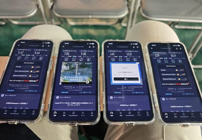 東京ドーム内の楽天モバイル、ドコモ、au、ソフトバンクの速度計測の実際の写真