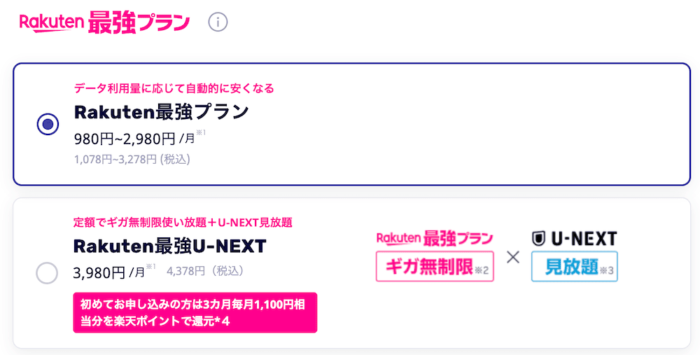 楽天モバイルのプラン選択