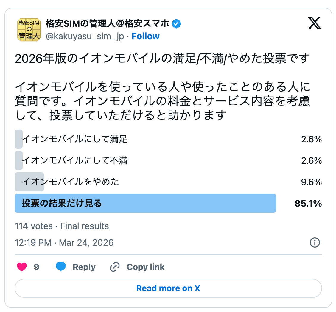イオンモバイルの2026年の評判結果