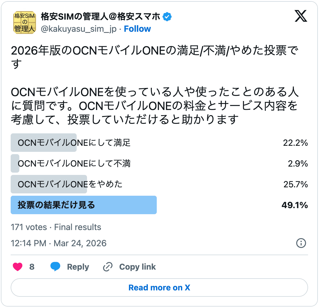 OCNモバイルONEの評判結果