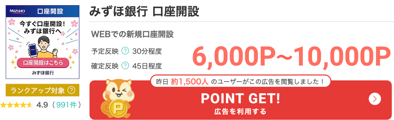 モッピーのみずほ銀行のポイント