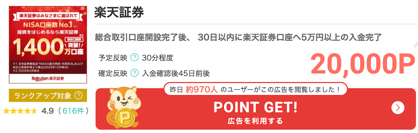 モッピーの楽天証券のポイント