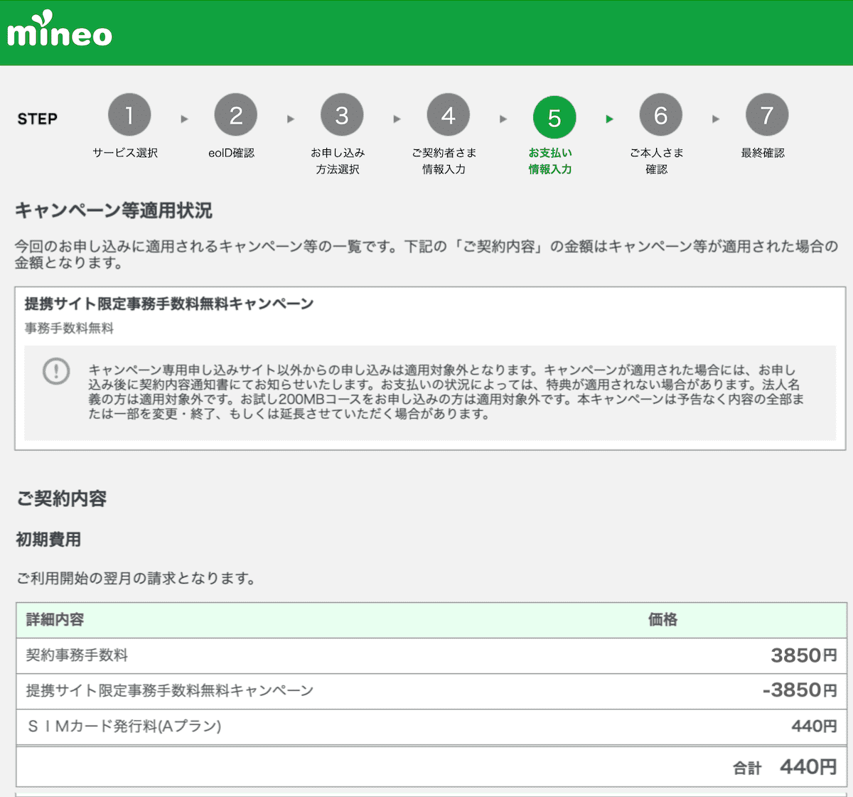 mineoのキャンペーンなど適用状況