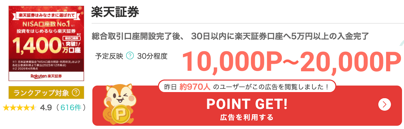 モッピーの楽天証券のポイント